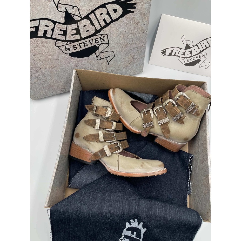 Freebird by Steven Scarlett Beige Multi Leather Buckle Ankle Boots Womens 7